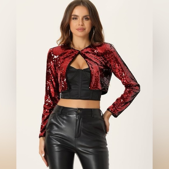 Allegra K red sequin cropped Bolero shrug open front jacket women’s size medium - Picture 7 of 7